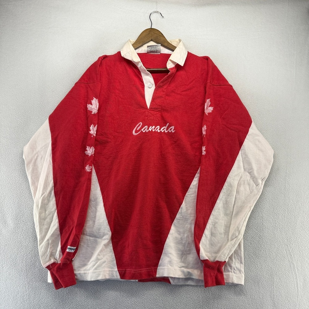 Vintage Canada Rugby Shirt Men's 3XL Red White Embroidered Colorblock Barbarian